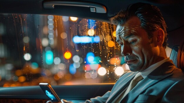 Business Executive Checking Phone in Nighttime Cab