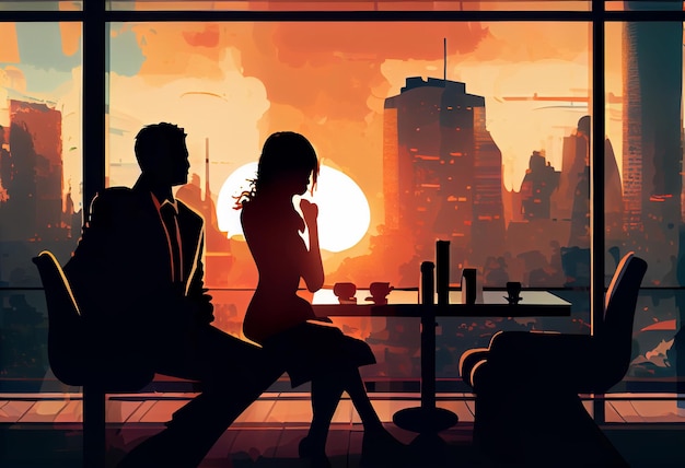 A business executive couple by a large window in the office at sunset taking a break from work Generate Ai