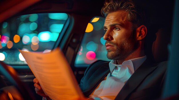 Бизнес-менеджер рассматривает документы в машине ночью