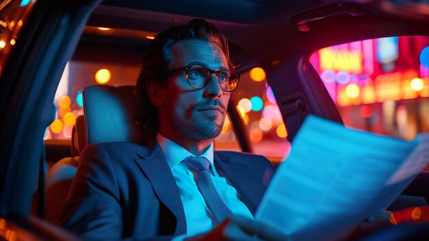 Business Executive Reviewing Documents in Car at Night