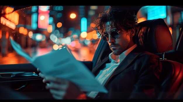 Business Executive Reviewing Documents in Car at Night