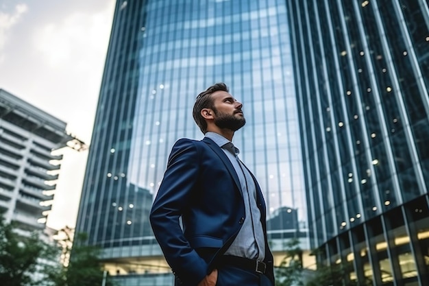 Business Executive staat in een moderne grote stad en droomt van toekomstig zakelijk succes