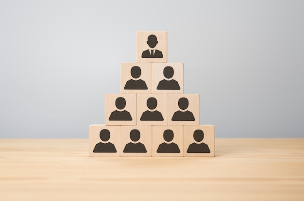 Business executive stacking wooden dices with people icons on them in pyramid shape. company hierarchy pyramid tree. personnel management, delegation of responsibilities, leader regulatory functions