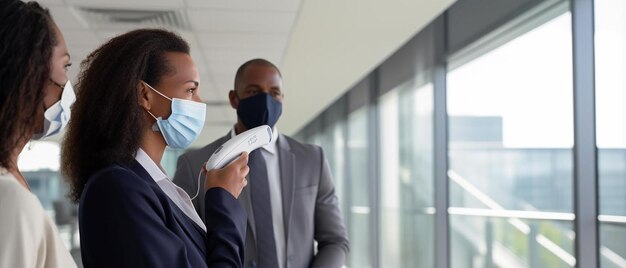 Photo business executives having temperature checked at reception of office