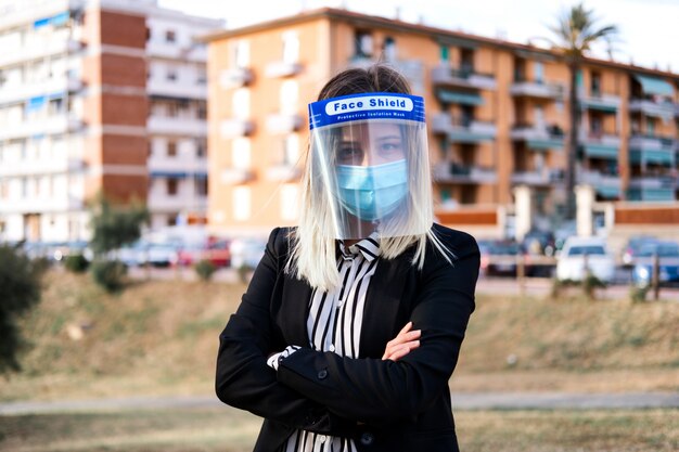 Business female in face shield