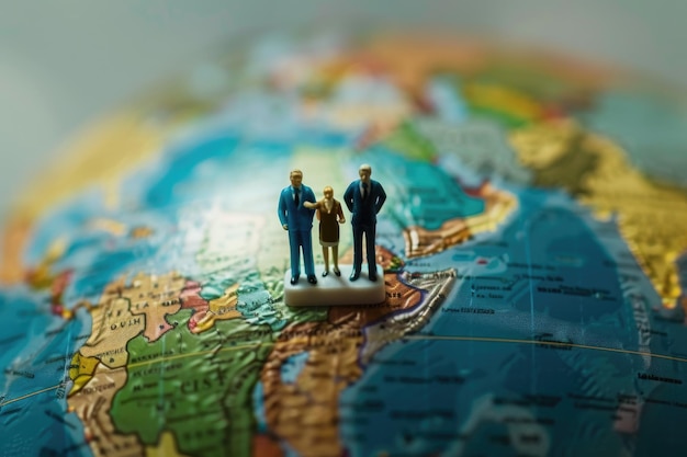 Business figurines standing on a globe