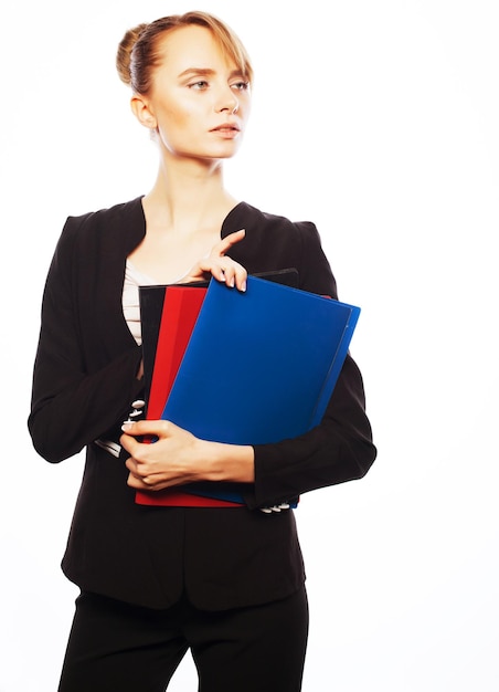 Business, finance and people concept:  businesswoman with folders isolated on white