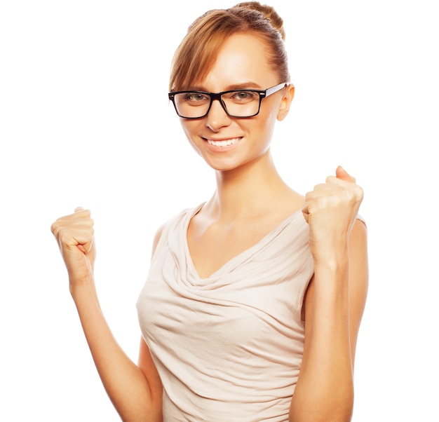 Photo business, finance and people concept: successful business woman with arms up