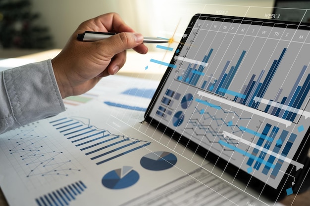 Business finances and accounting concepts work hard Data analytics statistics information Business Technology Intelligence BI and business analytics BA