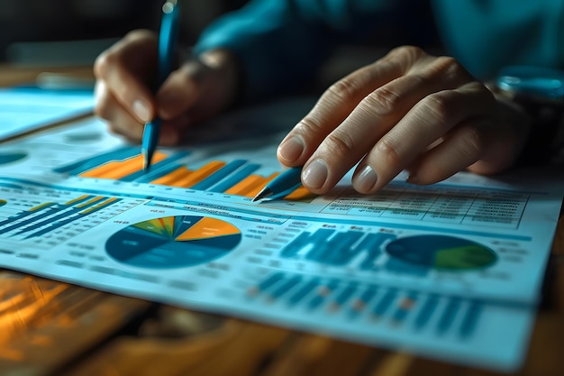 Business Financial Analytics Concept Business man hand met gericht op financiële statistieken grafieken een