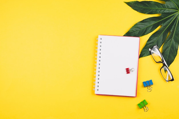 Business flatlay with tropical leaves and business accessories: planner, glasses, clips, etc. Copyspace