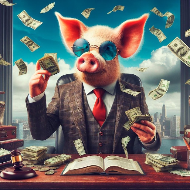 Photo business funny pig in a suit fantasy art