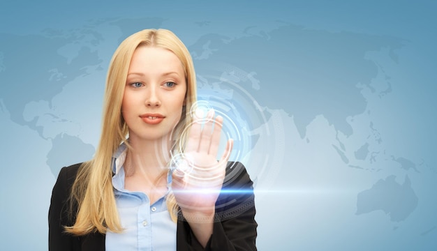 business and future technology - attractive businesswoman touching virtual screen