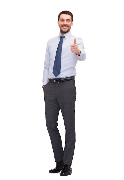 business, gesture and office concept - handsome businessman showing thumbs up