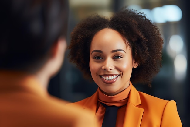 A business girl smiles at a personal meeting