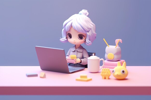 Photo a business girl working with laptop on desk 3d tiny cute isometric generative ai