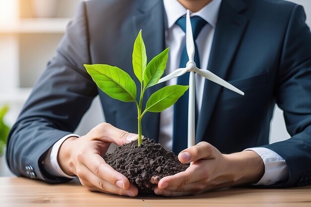 Business going green environment eco friendly in climate change crisis or sustainability concept smart businessman carrying wind turbine and plant seedling going to create green energy