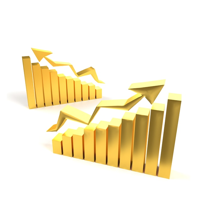 Photo business gold graph with arrow showing the success. gold market online gold concept. bar gold chart business growth with rising up arrow. 3d rendering.