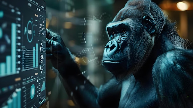 Foto un gorilla aziendale in tuta che analizza i dati su una piattaforma digitale concetto strategia aziendale analisi dei dati gorilla in tuta piattaforma digitale lavoro professionale