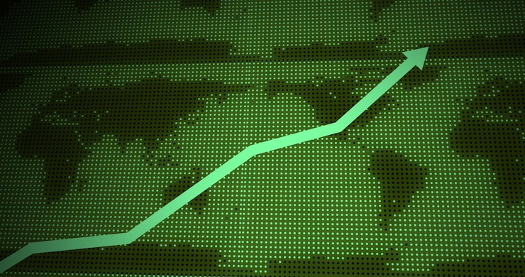 Photo business graph showing business success with arrow arrow growth with grid line and world map background