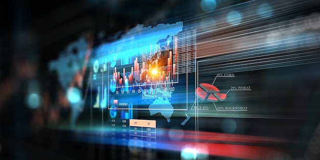 Business graph and trade monitor. Mixed media