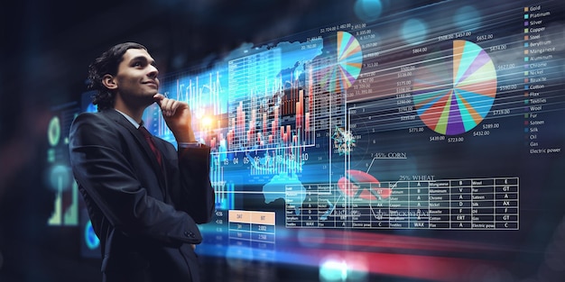 Business graph and trade monitor. Mixed media