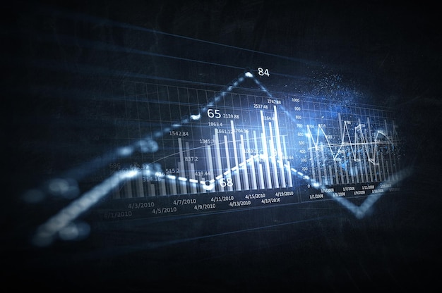 Business graph and trade monitor. Mixed media