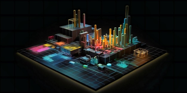 Business graph with colorful icons on black background