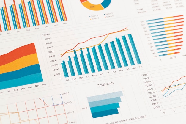 Business graphs and charts on table. financial development, banking account, statistics