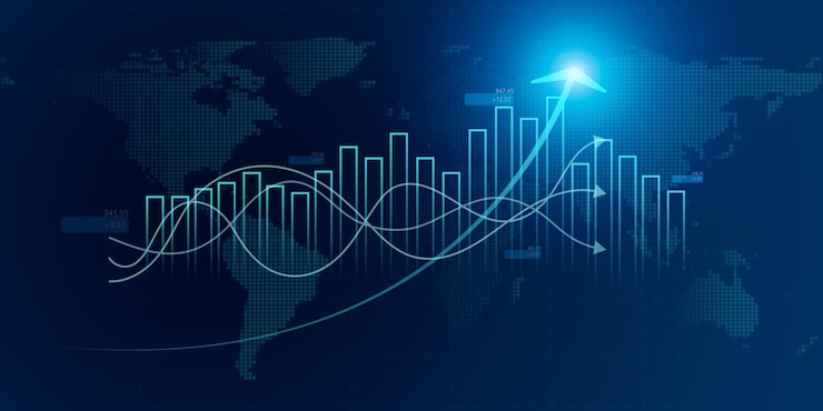 Photo business growth arrow up digital on blue dark background