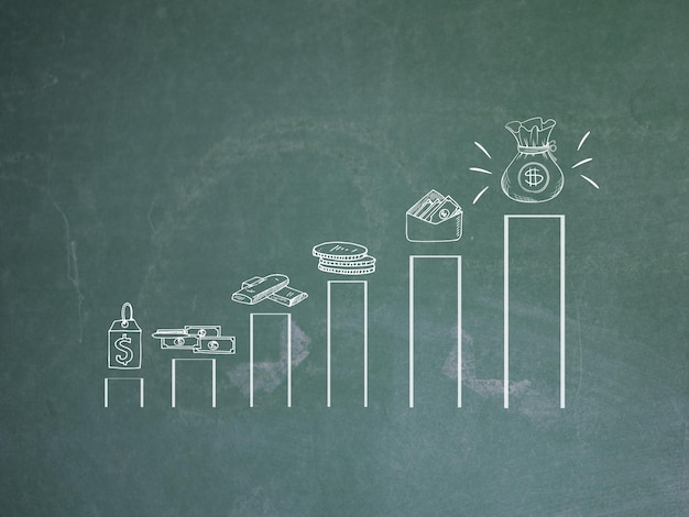 Business growth bar chart concept hand drawn on board banking\
trading and business illustration