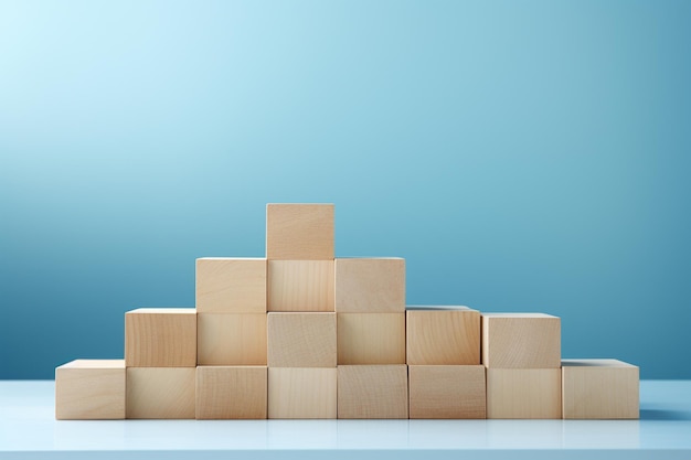 Business growth concept Stack of wooden cubes on blue background with copy space