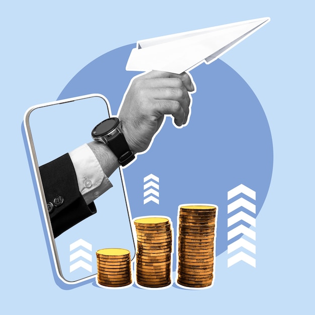 business growth concept with paper plane and rising coins