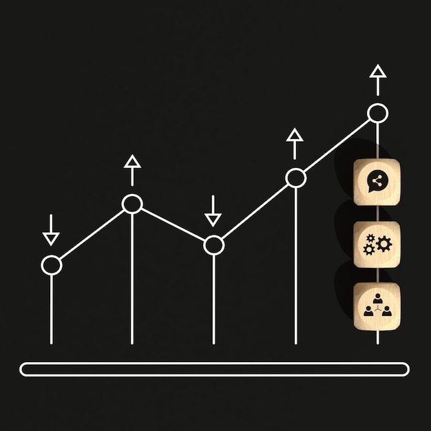 写真 暗い背景に木製の立方体とアイコンを備えたビジネス成長コンセプト