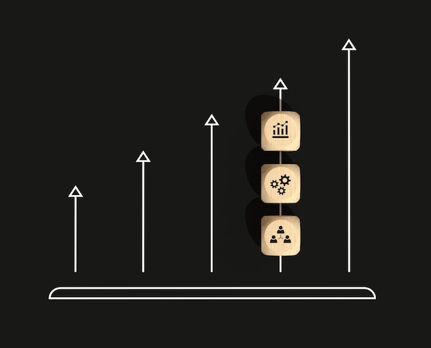 Business growth concept with wooden cubes and icons on dark background