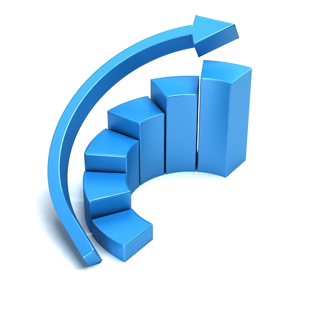 Business growth curved bars and arrow graph 3D rendering illustration