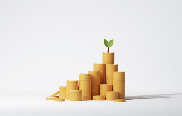 Photo business growth finance and profit tree on a pile of developed coins growing on white background