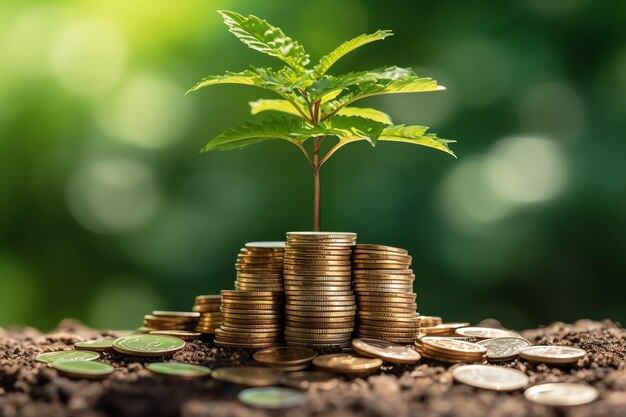 Business growth with a growing tree on a coin showing financial developments financial planning