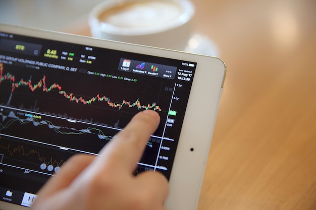 Business hand analyzing stock finance graph on tablet with\
coffee on wood background