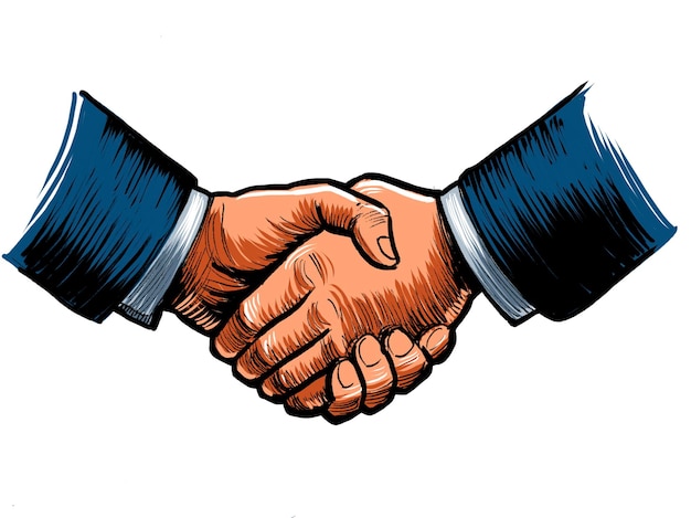 Business handshake Hand drawn ink on paper and hand colored on tablet