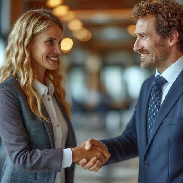 Business handshake between a man and a woman