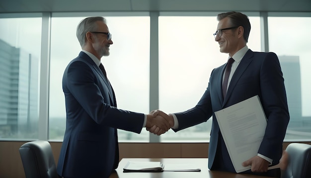 Business handshake Two businessmen reaching an agreement and making a deal