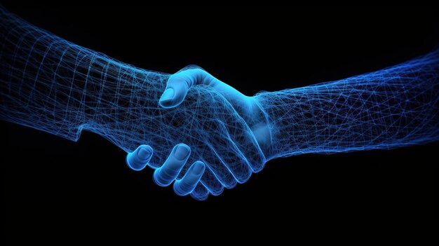 Business handshake with blue wireframe Generative ai