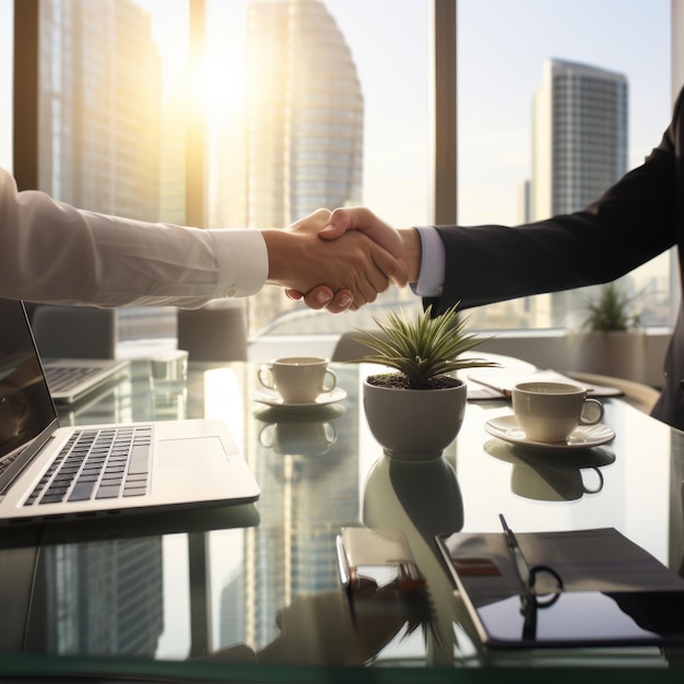 Business handshake with cityscape in the background