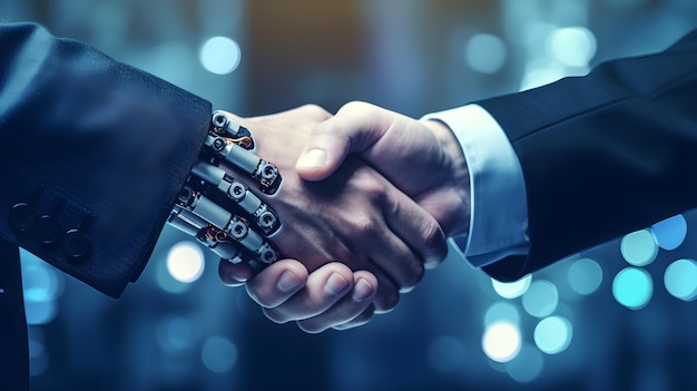 business handshake with hiding robot hand technology background