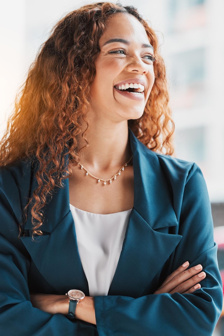 Photo business happy woman and thinking with arms crossed in city pride and opportunity for success female worker smile and vision in urban street of corporate motivation happiness and mindset goals