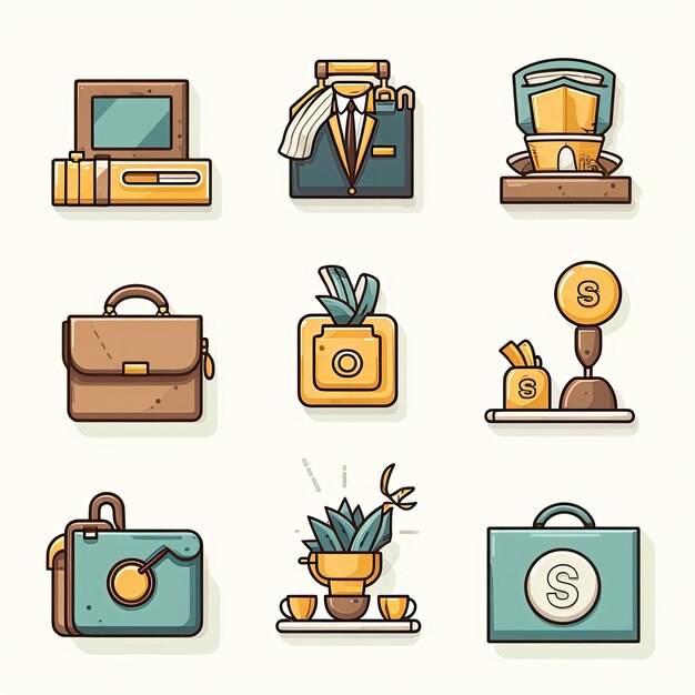 Foto icone aziendali icone che rappresentano concetti legati al business come un segno del dollaro in valigetta e una stretta di mano generato con ai