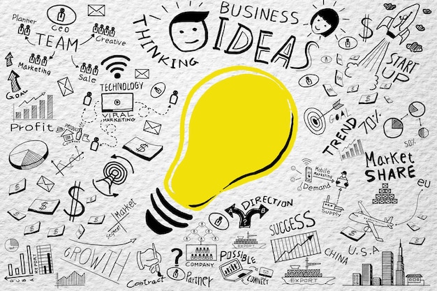 ビジネスのアイデア。フリーハンド描画電球ビジネス落書きセット、インスピレーションコンセプトモダンなデザイン、ワークフローの背景のアイデア。