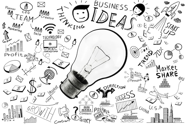 Photo business ideas.freehand drawing light bulb business doodles set,inspiration concept modern design,ideas for workflow background.