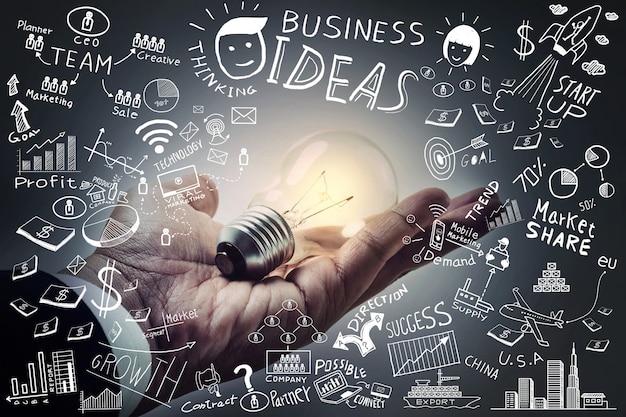Business ideaslight bulb on hand with freehand drawing business doodles